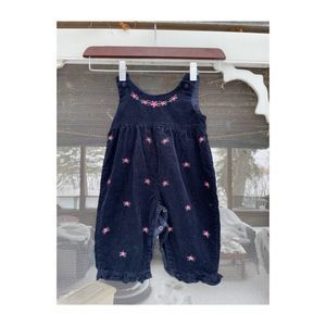 Navy Blue Cotton Corduroy Romper Jumpsuit Pink Floral Embroidery Ruffle Hem